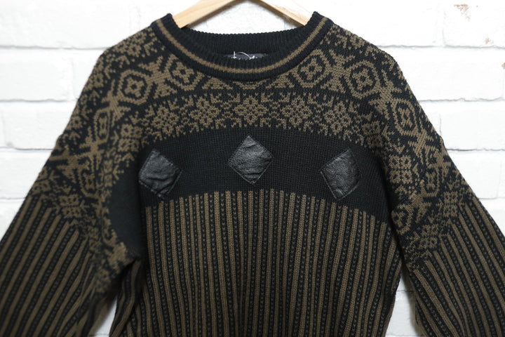Impact Vintage Leather Patch Sweater 80s Large