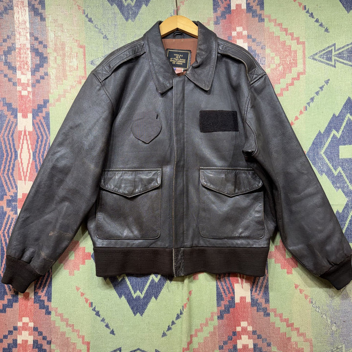 Brown Leather Vintage A2 Style Bomber Jacket XL 80s