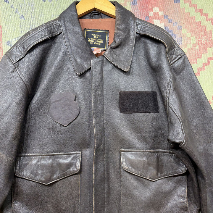 Brown Leather Vintage A2 Style Bomber Jacket XL 80s