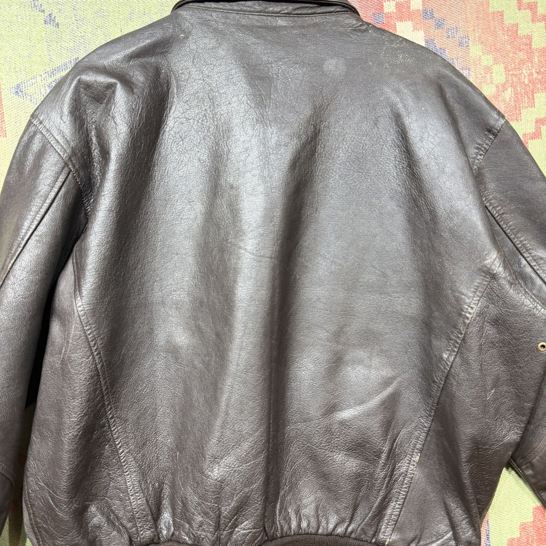 Brown Leather Vintage A2 Style Bomber Jacket XL 80s