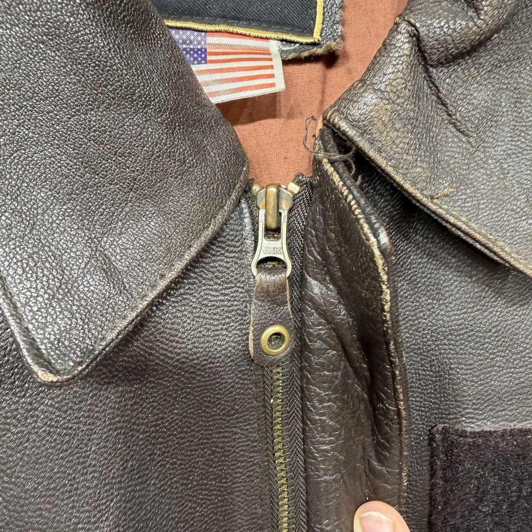 Brown Leather Vintage A2 Style Bomber Jacket XL 80s