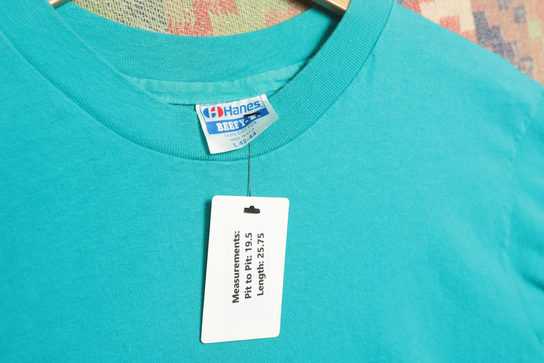Hanes Beefy Vintage Teal Blank T Shirt 80s Large