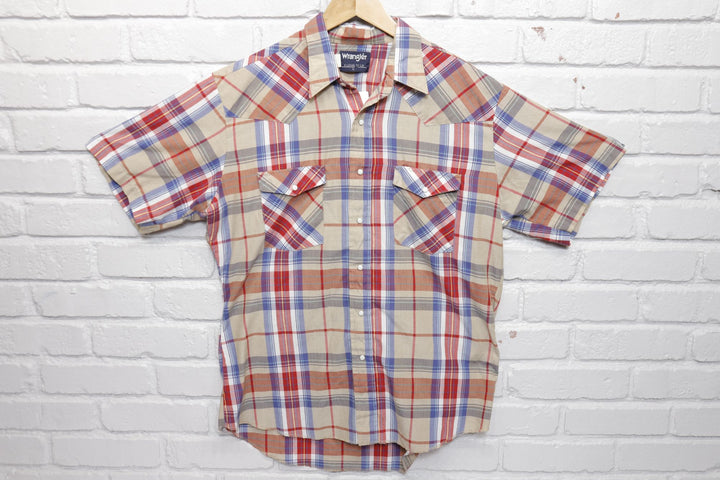 Wrangler Vintage Tan Blue and Red Plaid Shirt Large 90s