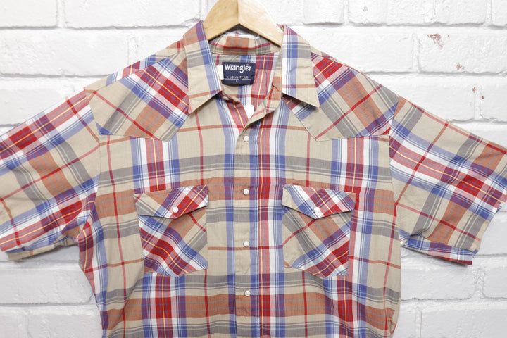 Wrangler Vintage Tan Blue and Red Plaid Shirt Large 90s