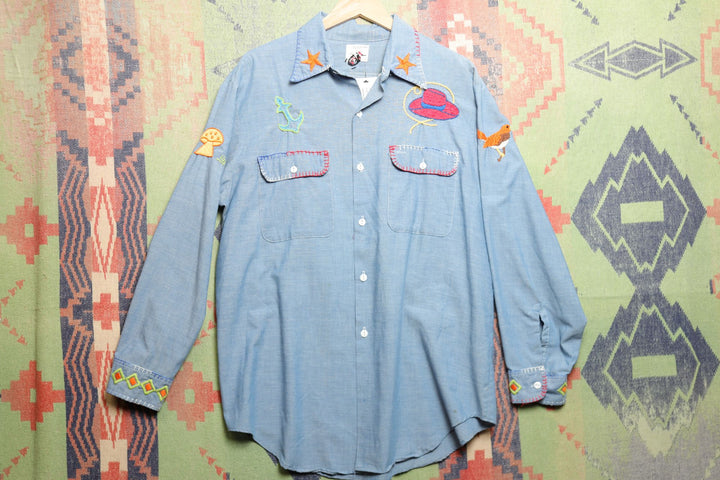 Big Mac Embroidered Vintage  Chambray Shirt Large 70s Selvedge Boho