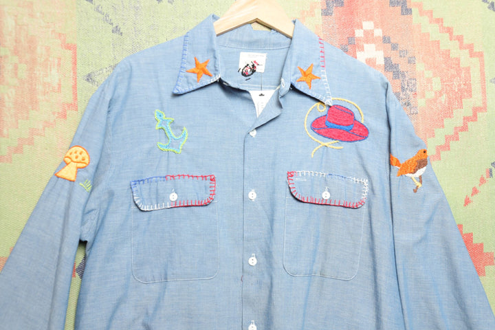 Big Mac Embroidered Vintage  Chambray Shirt Large 70s Selvedge Boho