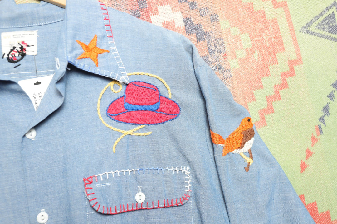 Big Mac Embroidered Vintage  Chambray Shirt Large 70s Selvedge Boho