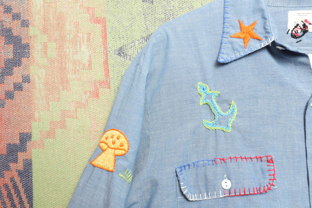 Big Mac Embroidered Vintage  Chambray Shirt Large 70s Selvedge Boho