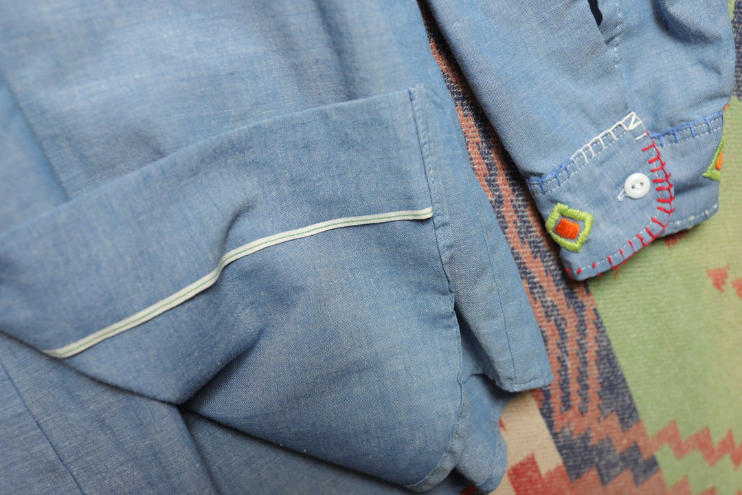 Big Mac Embroidered Vintage  Chambray Shirt Large 70s Selvedge Boho