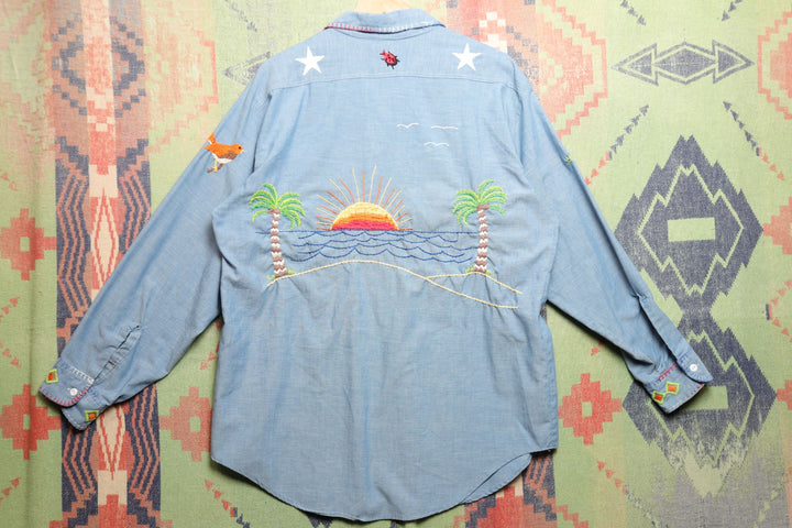 Big Mac Embroidered Vintage  Chambray Shirt Large 70s Selvedge Boho
