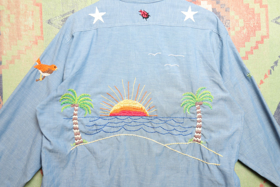 Big Mac Embroidered Vintage  Chambray Shirt Large 70s Selvedge Boho