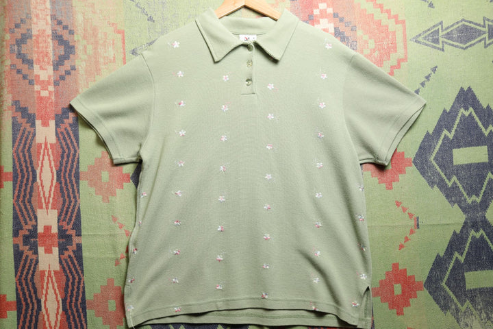 Sweet Blondie Embroidered Flowers Vintage Polo Shirt XL 90s