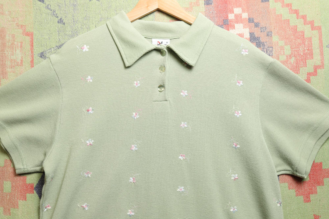 Sweet Blondie Embroidered Flowers Vintage Polo Shirt XL 90s