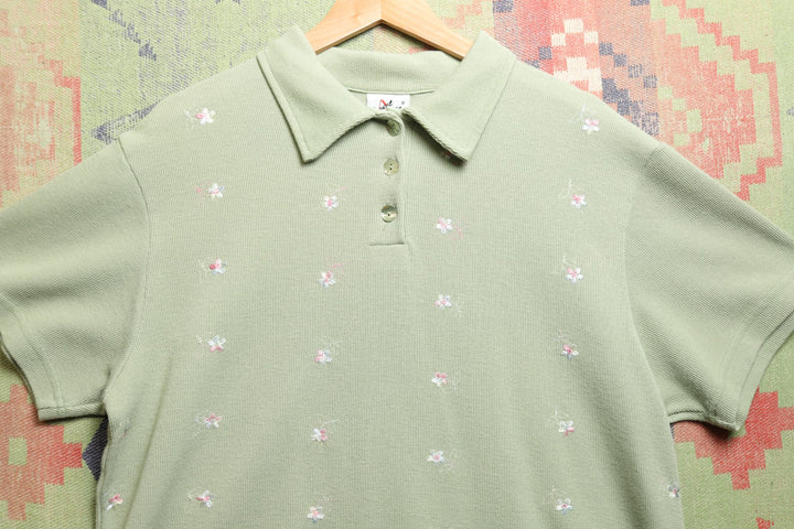 Sweet Blondie Embroidered Flowers Vintage Polo Shirt XL 90s