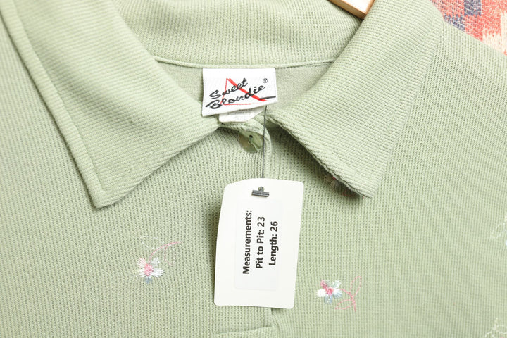 Sweet Blondie Embroidered Flowers Vintage Polo Shirt XL 90s