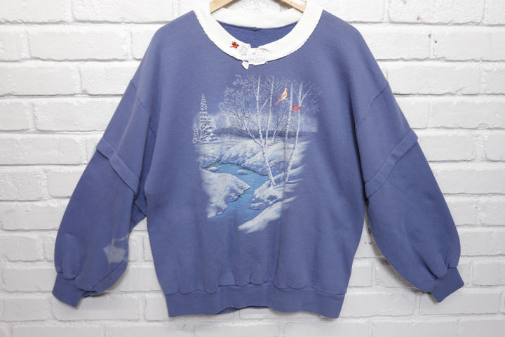 Winter Scene Vintage Sweatshirt Large 80s