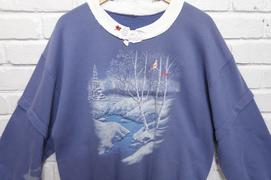 Winter Scene Vintage Sweatshirt Large 80s