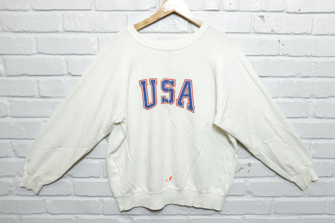 USA Vintage Distressed White Sweatshirt 80s XL