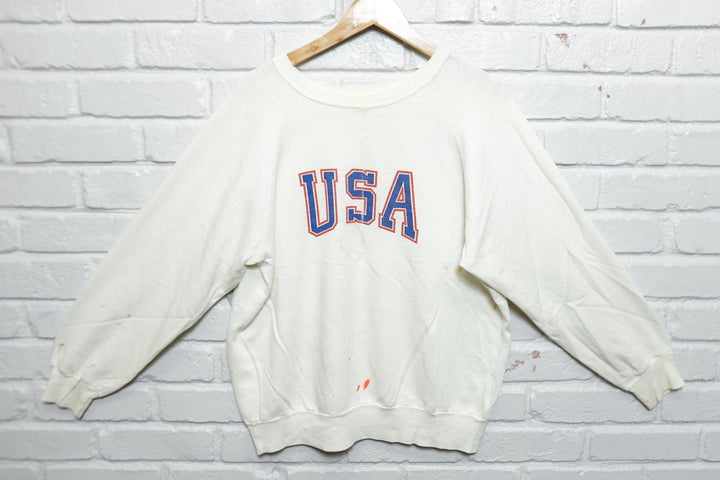 USA Vintage Distressed White Sweatshirt 80s XL