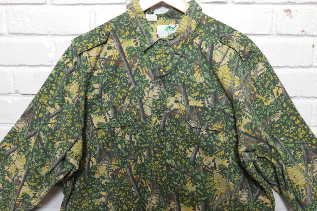 80s Vintage Bushlan Camo Button Down Shirt Size XL