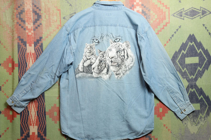 White Tigers Vintage Denim Shirt Large 2000s